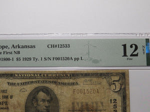 $5 1929 Hope Arkansas AR National Currency Bank Note Bill Ch. #12533 PMG F12