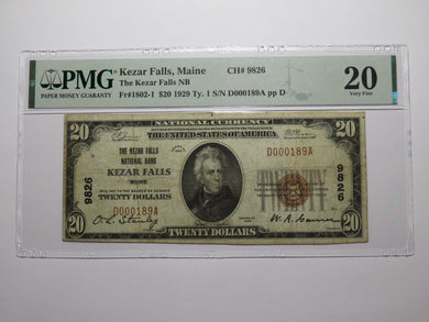 $20 1929 Kezar Falls Maine National Currency Bank Note Bill Ch. #9826 VF20 PMG