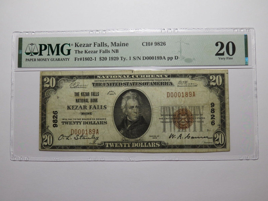 $20 1929 Kezar Falls Maine National Currency Bank Note Bill Ch. #9826 VF20 PMG