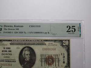 $20 1929 Downs Kansas KS National Currency Bank Note Bill Ch. #11318 VF25EPQ PMG
