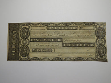 $5 18__ Windsor Vermont VT Obsolete Currency Bank Note Bill Remainder Rare UNC