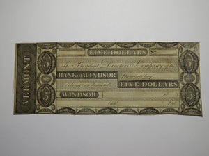 $5 18__ Windsor Vermont VT Obsolete Currency Bank Note Bill Remainder Rare UNC