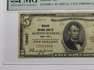 $5 1929 Montour Falls New York National Currency Bank Note Bill #10497 VF25 PMG