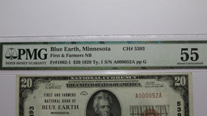 $20 1929 Blue Earth Minnesota MN National Currency Bank Note Bill #5393 AU55 PMG
