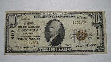 $10 1929 Atlantic Highlands New Jersey NJ National Currency Bank Note Bill #4119
