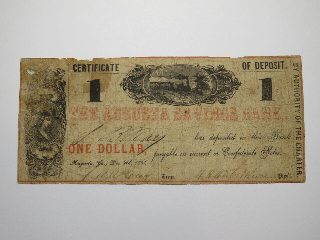 $1 1861 Augusta Georgia GA Obsolete Currency Bank Note Bill Augusta Savings Bank