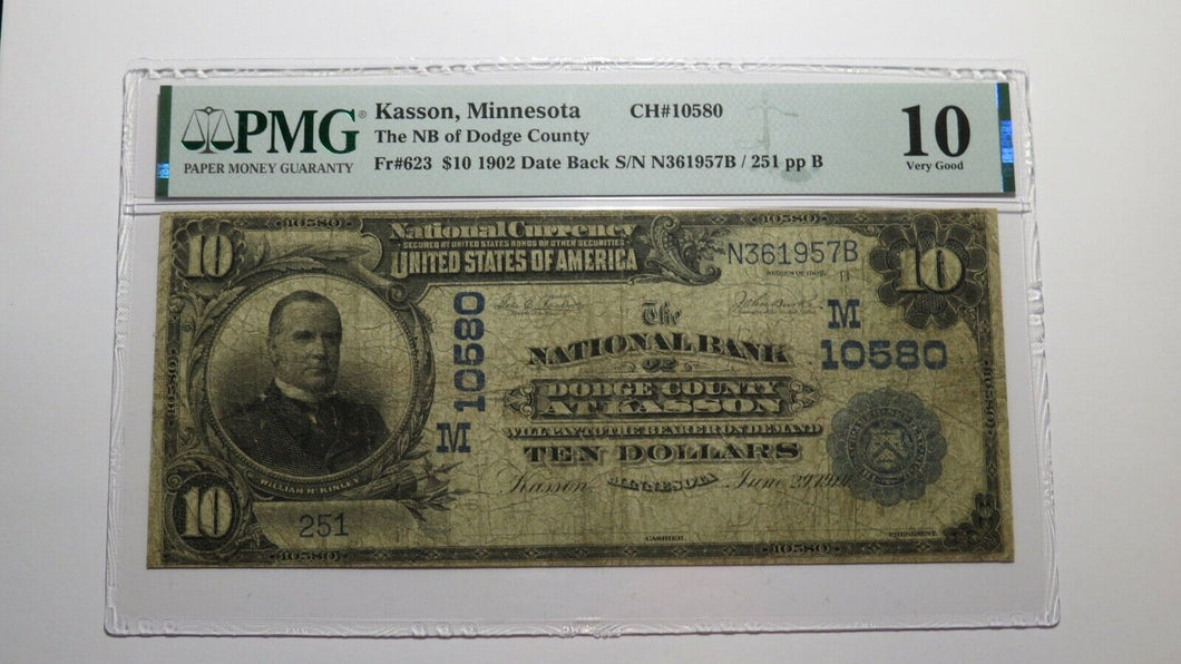 $10 1902 Kasson Minnesota MN National Currency Bank Note Bill Ch #10580 VG10 PMG