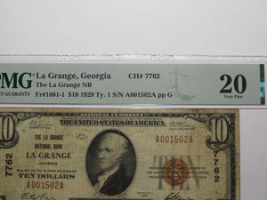$10 1929 La Grange Georgia GA National Currency Bank Note Bill Ch #7762 VF20 PMG