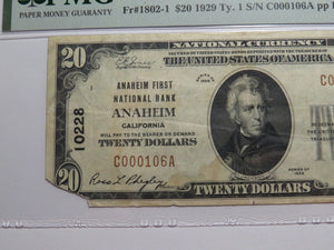 $20 1929 Anaheim California National Currency Bank Note Bill Ch. #10228 VF25 PMG