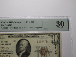 $10 1929 Vinita Oklahoma OK National Currency Bank Note Bill Ch. #4704 VF30 PMG