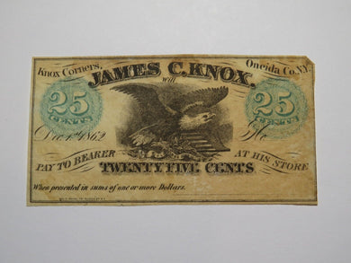 $.25 1862 Knox Corners New York NY Obsolete Currency Bank Note Bill Oneida Co.