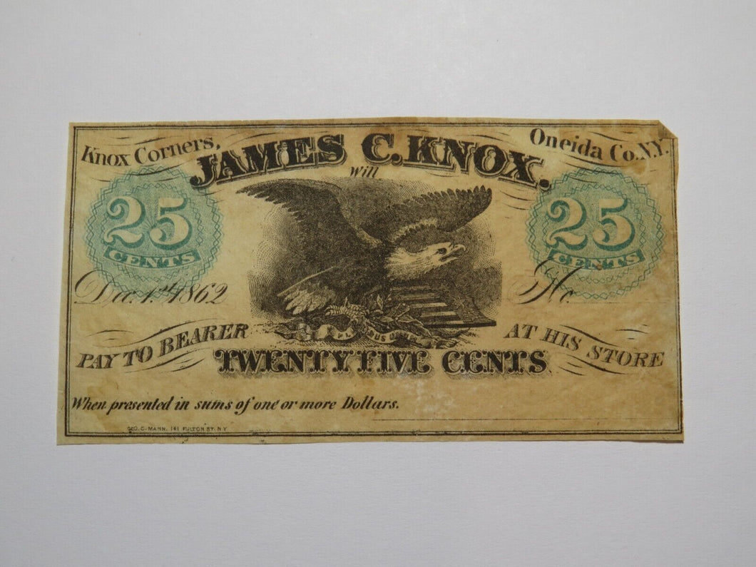 $.25 1862 Knox Corners New York NY Obsolete Currency Bank Note Bill Oneida Co.