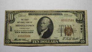 $10 1929 Middletown Connecticut CT National Currency Bank Note Bill Ch #397 FINE