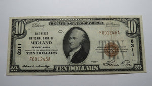$10 1929 Midland Pennsylvania PA National Currency Bank Note Bill! Ch #8311 XF!