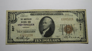 $10 1929 Montpelier Vermont VT National Currency Bank Note Bill Ch. #857 RARE!