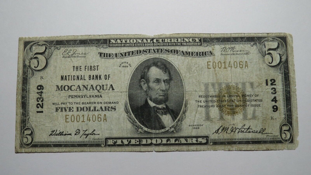 $5 1929 Mocanaqua Pennsylvania PA National Currency Bank Note Bill Ch. #12349