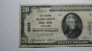 $20 1929 Bel Air Maryland MD National Currency Bank Note Bill! Ch. #3933 VF++