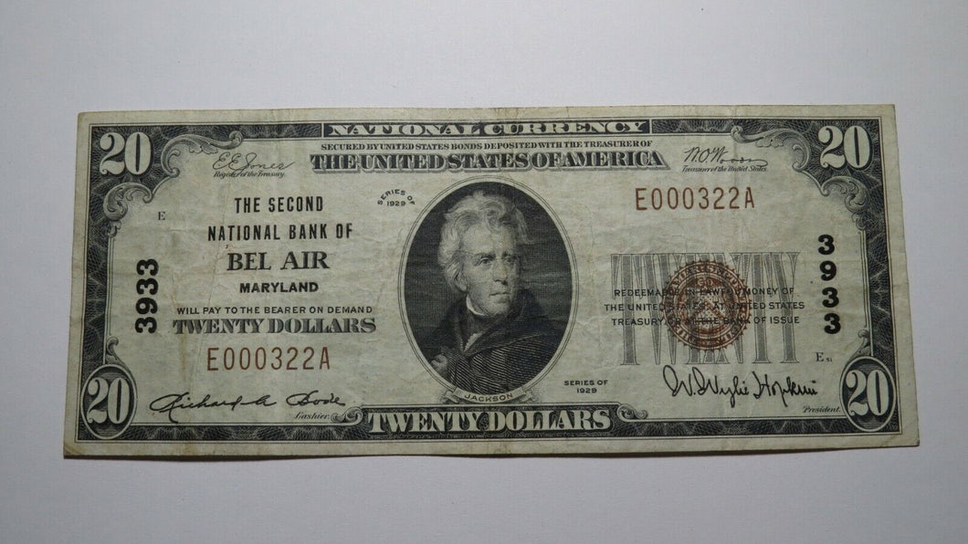 $20 1929 Bel Air Maryland MD National Currency Bank Note Bill! Ch. #3933 VF++